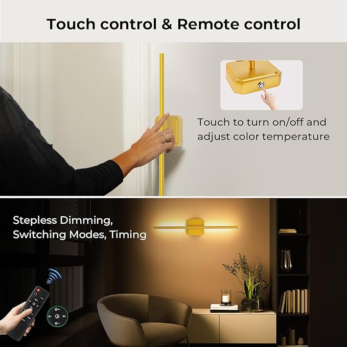 10000mAh Battery Operated Wall Sconce Detachable, Wireless Wall Lamp 3000-6500K Dimmable, Rechargeable Wall Light for Bedroom, Living Room, 28.3" Gold (4 Pack)