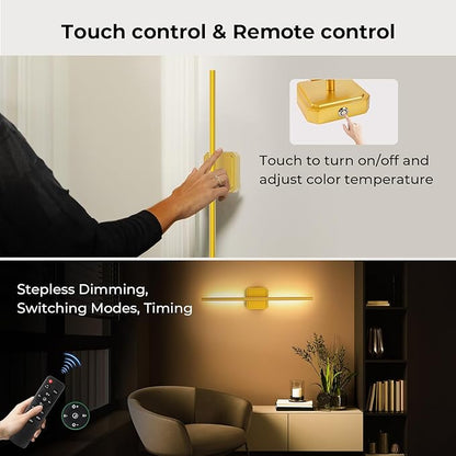 10000mAh Battery Operated Wall Sconce Detachable, Wireless Wall Lamp 3000-6500K Dimmable, Rechargeable Wall Light for Bedroom, Living Room, 28.3" Gold (4 Pack)