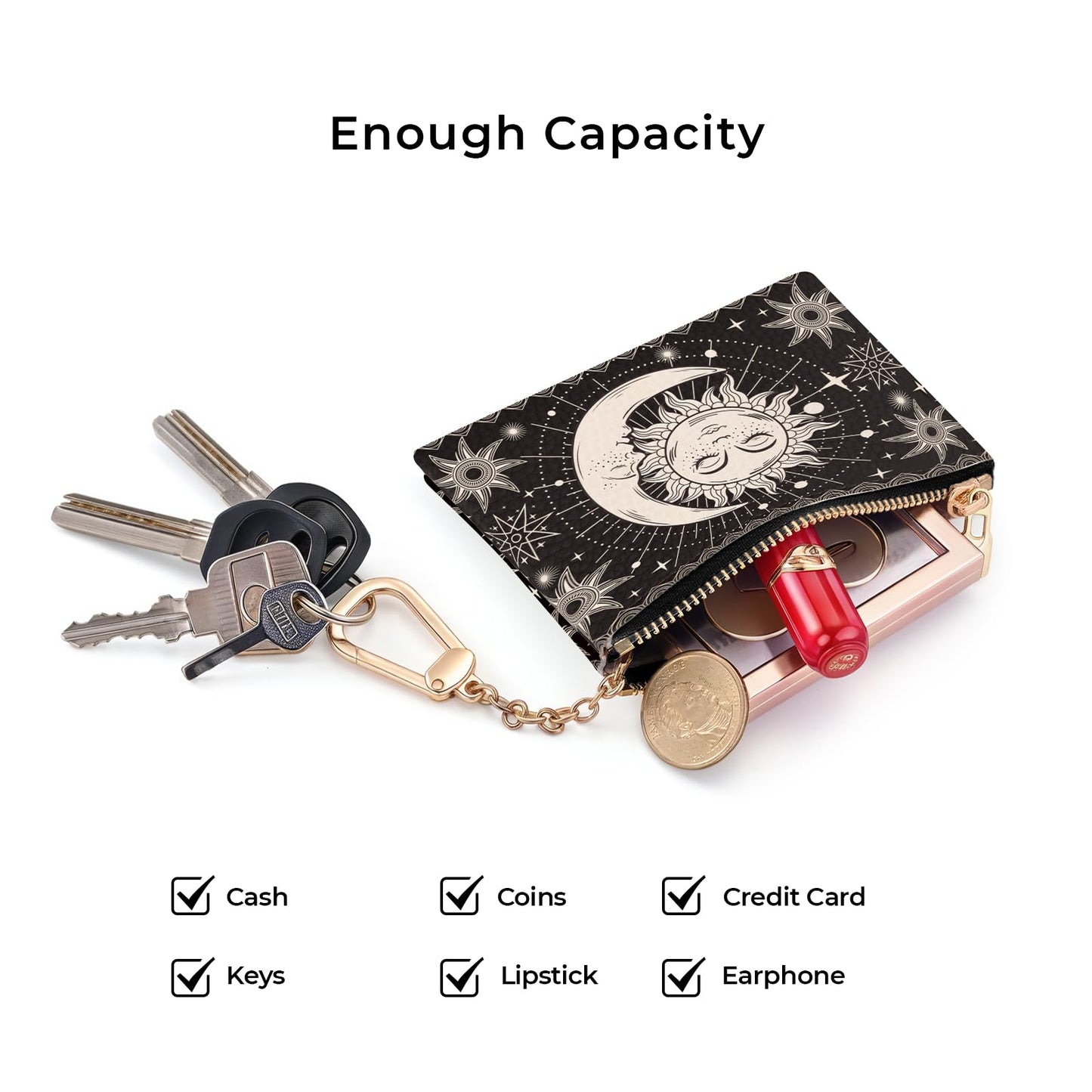 Sukyerios Sun Moon Keychain Coin Purse for Women, Small PU Leather Change Pouch, Zipper Little Tiny Travel Wallet for Girls, Cute Kawaii Zip Pocket Coin Holder with Key Ring