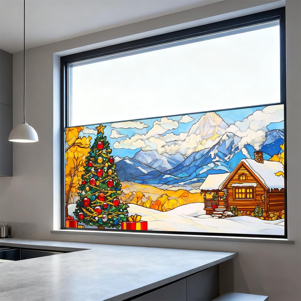 WDESYADMS Window Film 39.4×17.3 Inch PVC Winter Mountain Cabin Christmas Tree Scene Decorative Window Film for Seasonal Privacy and Holiday Home Glass Decoration
