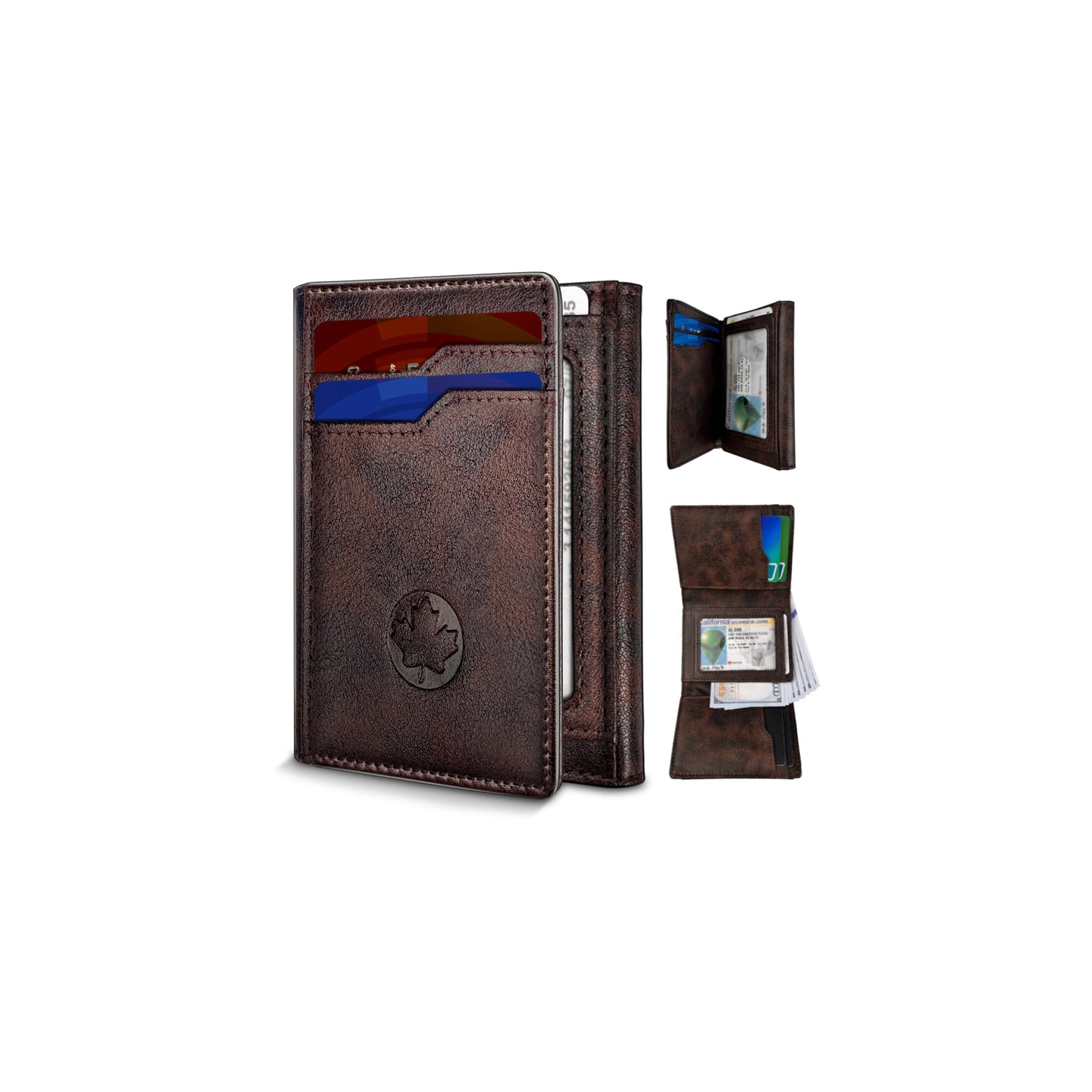 OLLEN Trifold Leather Wallet for Men, RFID Blocking Slim Wallet with 15 Card Capacity Cash Pocket 2 ID Windows, Magnetic Closure Minimalist Wallet for Front Pocket Wallet, Coffee