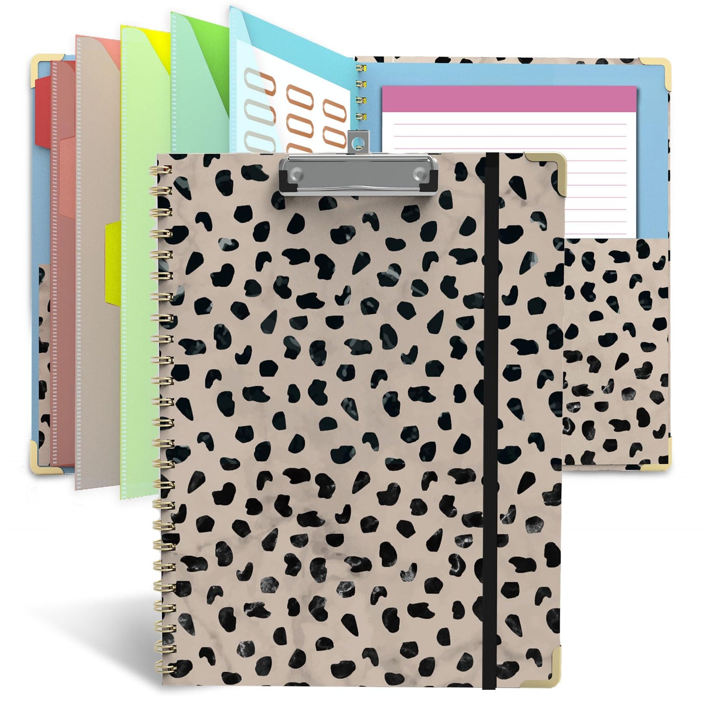 Clipboard Folio with Notepad for Letter Size (11" x 8.5"), 5 Extra Folders with Storage 10 Pockets, 39 File Folder Labels, Elastic Closure Spiral Clipboard with Storage(Cheetah Spots)
