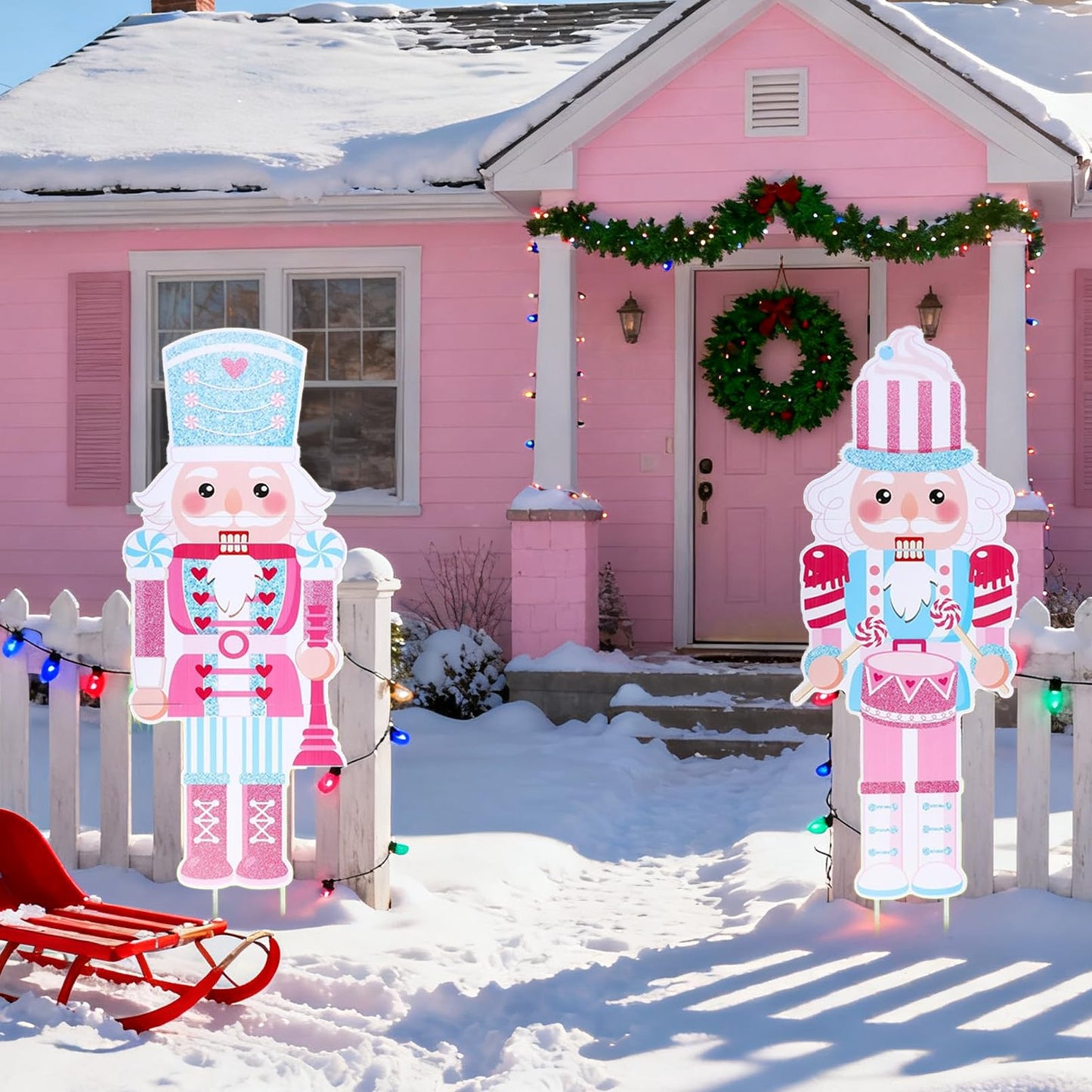2 Pcs Large Christmas Nutcracker Yard Signs Nutcracker with Stakes Pink Nutcracker Yard Decorations Xmas Soldier Lawn Decorations Outdoor Garden Sign Porch Decor for Winter Holiday Party