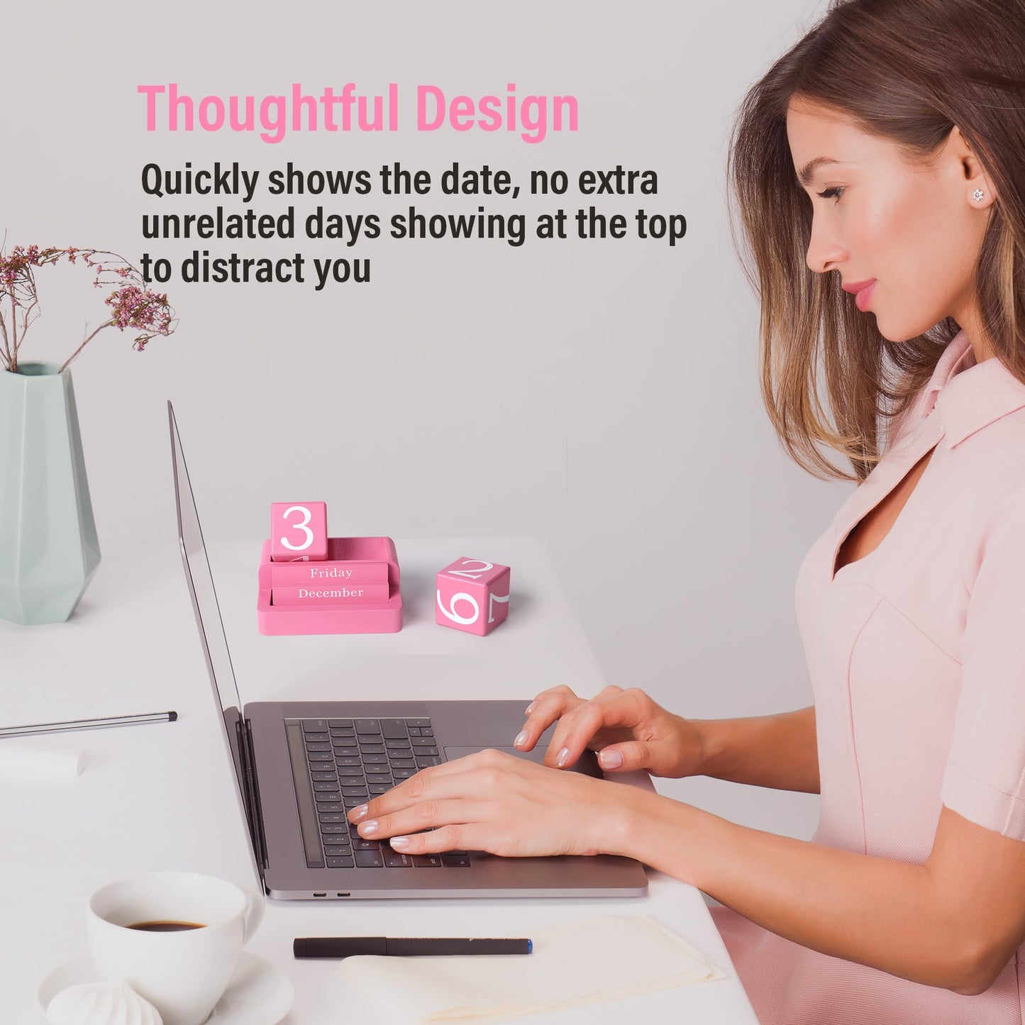 EASEYA Wooden Block Calendar for Desk, Daily Desktop Perpetual Desk Calendar, Modern Farmhouse Aesthetic Desk Accessories for Home Office Decor, Teacher, Classroom, Reusable Yearly, Pink