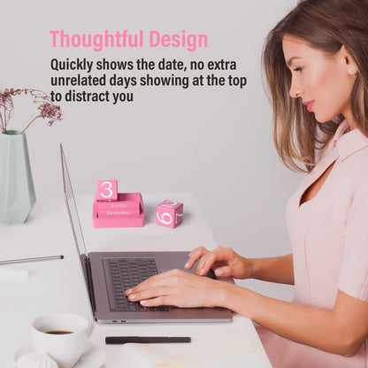 EASEYA Wooden Block Calendar for Desk, Daily Desktop Perpetual Desk Calendar, Modern Farmhouse Aesthetic Desk Accessories for Home Office Decor, Teacher, Classroom, Reusable Yearly, Pink
