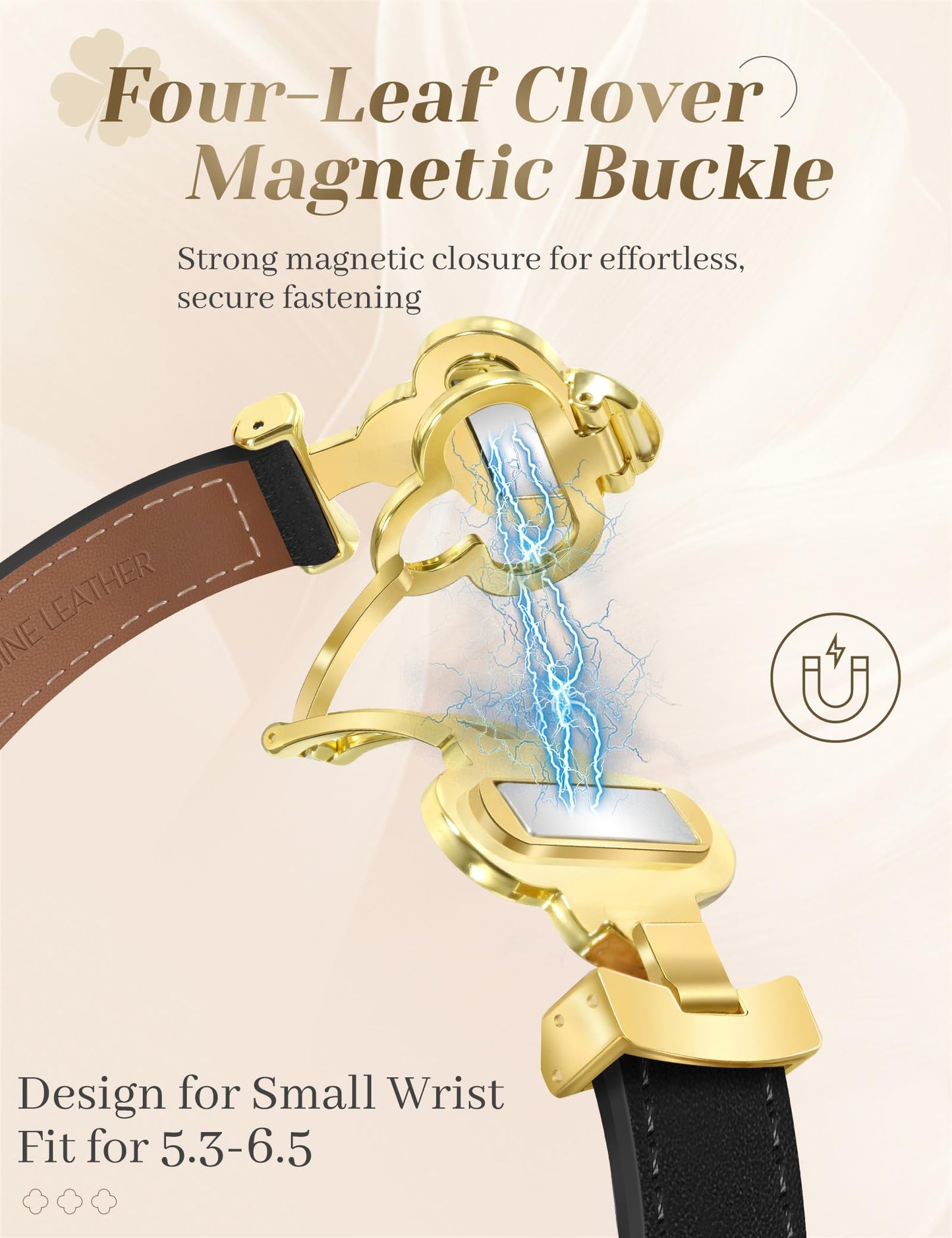 MOINSPIRE Designer Slim Leather Bands Compatible with Apple Watch 38mm 40mm 41mm 42mm(S11/10)for Women, Four-Leaf Clover Cute Dressy Magnetic Watch Bands for iwatch Series Ultra/SE11/9/8/7/6/5/4/3/2/1
