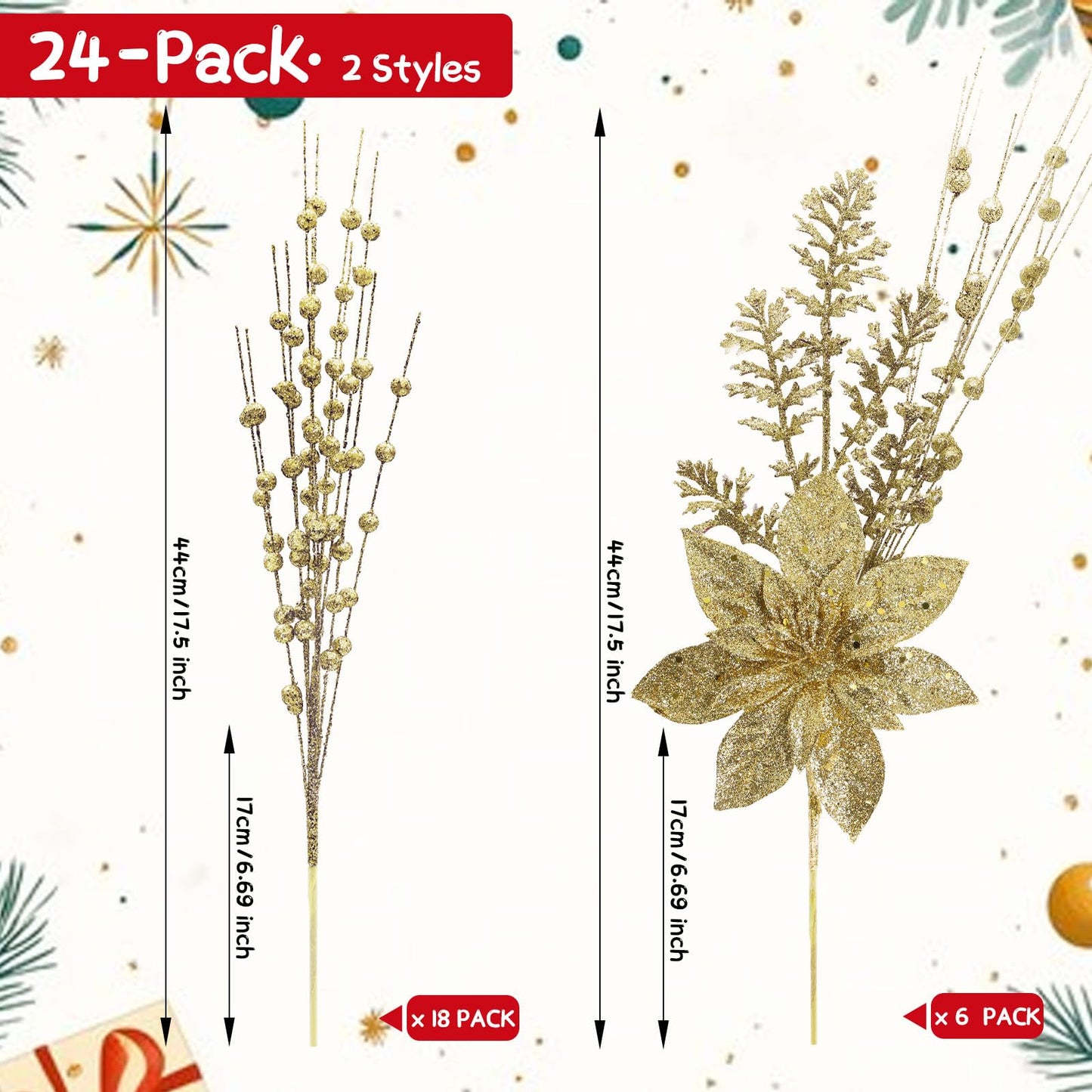 24 Pack Artificial Glitter Berry Stem Ornaments - 17.5 Inch Fake Christmas Picks Decorations with Poinsettia Flowers, Bead Sticks for DIY Christmas Tree, Wreath, Wedding & Small Vase Decor
