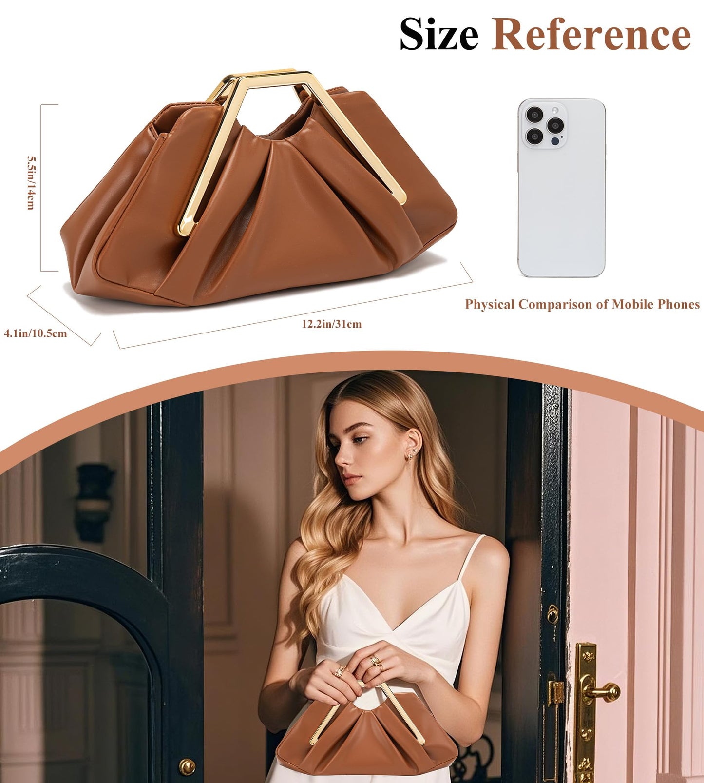 myfriday Women's Elegant Ruched Clutch Purse, Soft Dumpling Evening Purse Handbags for Wedding Prom Party Formal Events (Brown)