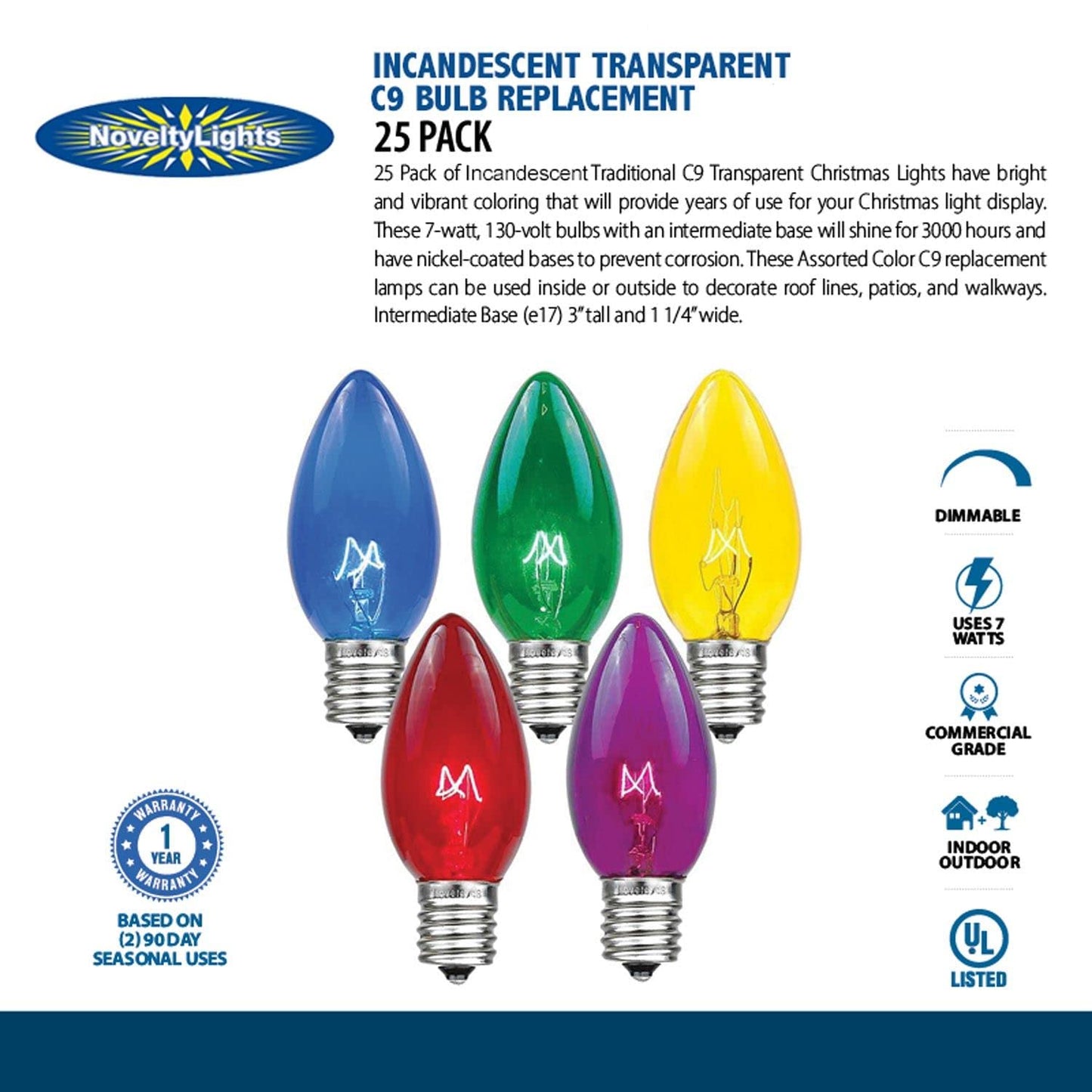 Novelty Lights Incandescent Christmas Replacement Bulbs - Indoor/Outdoor Individual Bulbs for Christmas Tree, Display, & More - C9/E17 Intermediate Base, 7 Watt Lights (Orange, 25 Pack)