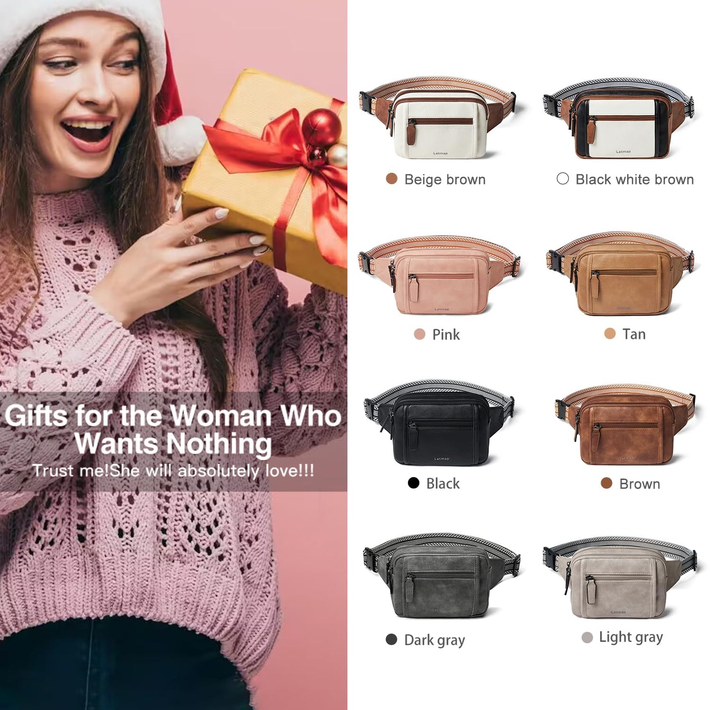 LATMAP 3L TRIPLE ZIP Fanny Packs Belt Bag For Women Men Crossbody Waist Pack Sling Chest Bum Travel Bag Purse Faux Leather Fashion Cute Brown