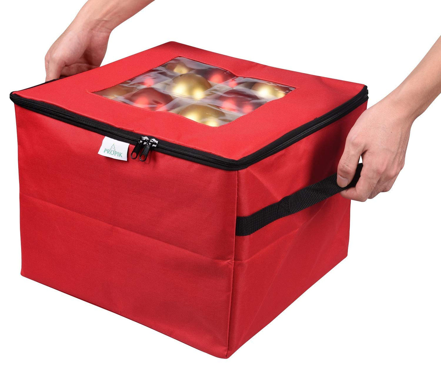 ProPik Christmas Ornament Storage Box, Organizer Holds Up to 48 Xmas Balls with 3 Separate Removable Trays, Container has Dividers to Organize Holiday Tree Ornaments (Red)