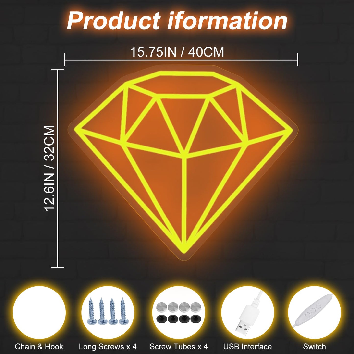 Diamond Neon Sign for Wall Decoration, Glowing Neon Sign, Adjustable Brightness Shining LED Sign Night Light for Man Cave Bedroom, Wedding, Living Room, Party, Bar, Office Decoration-Gold
