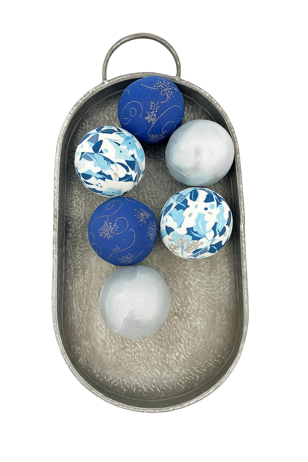 Set of 6 Fabric Wrapped Decorative Balls – 3" Blue, White & Silver Winter Designs – Handmade Styrofoam Bowl Fillers – Christmas & Winter Tray Décor