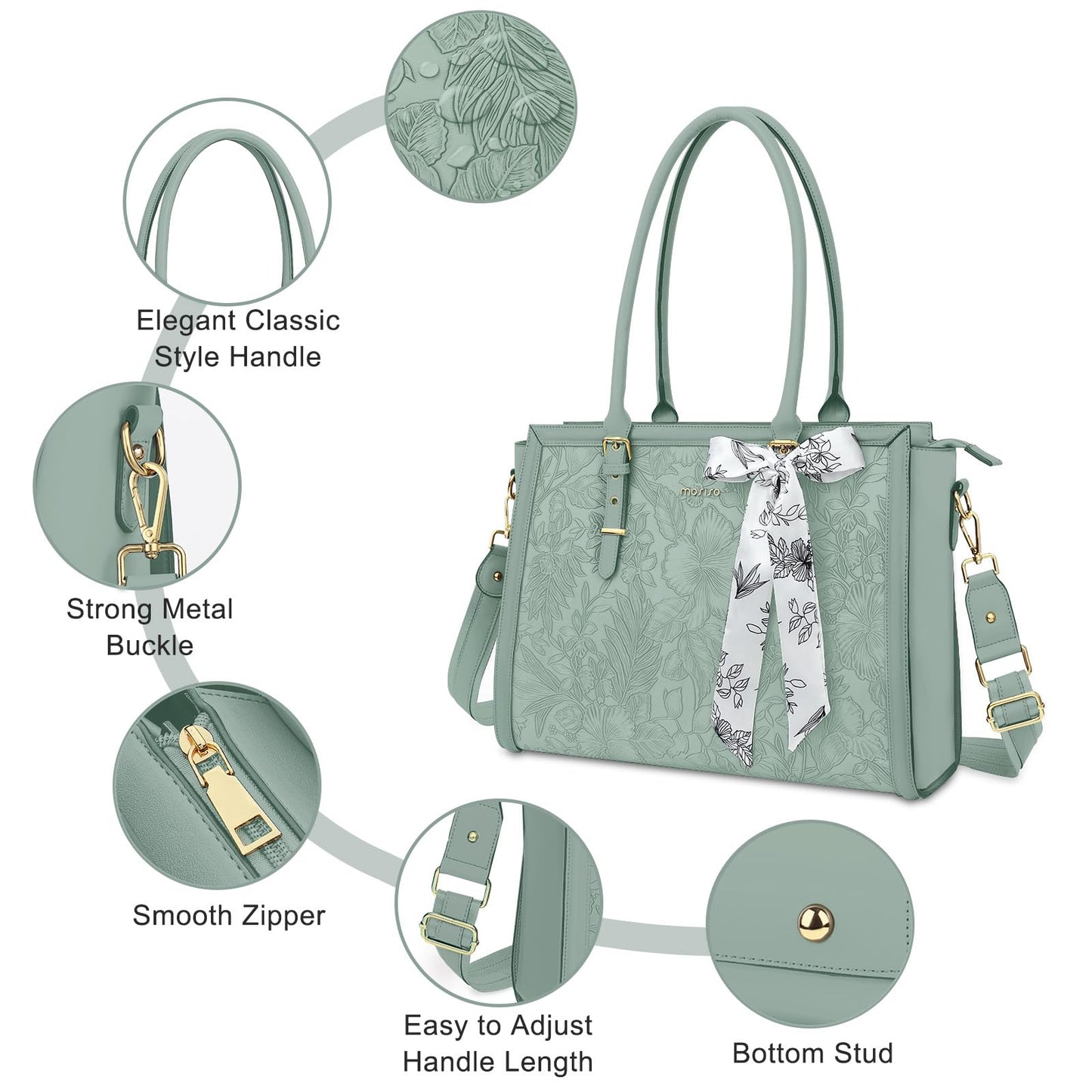 MOSISO Laptop Bag for Women, 15.6-16 inch PU Leather Tote Bag Compatible with MacBook, HP, Dell, Asus Notebook, Front Embossed Retro Hibiscus Computer Bags with Silk Scarf&Clutch Purse, Antique Green