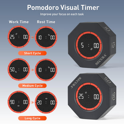 Secura Pomodoro Timer, Rotating Cube Time Tracker, Flip Gravity Sensor with 7 Presets(5/10/15/20/25/50/90 Min), Visual Progress Bar for ADHD, Kids, Tasks, Work, Study (Dark Gray)