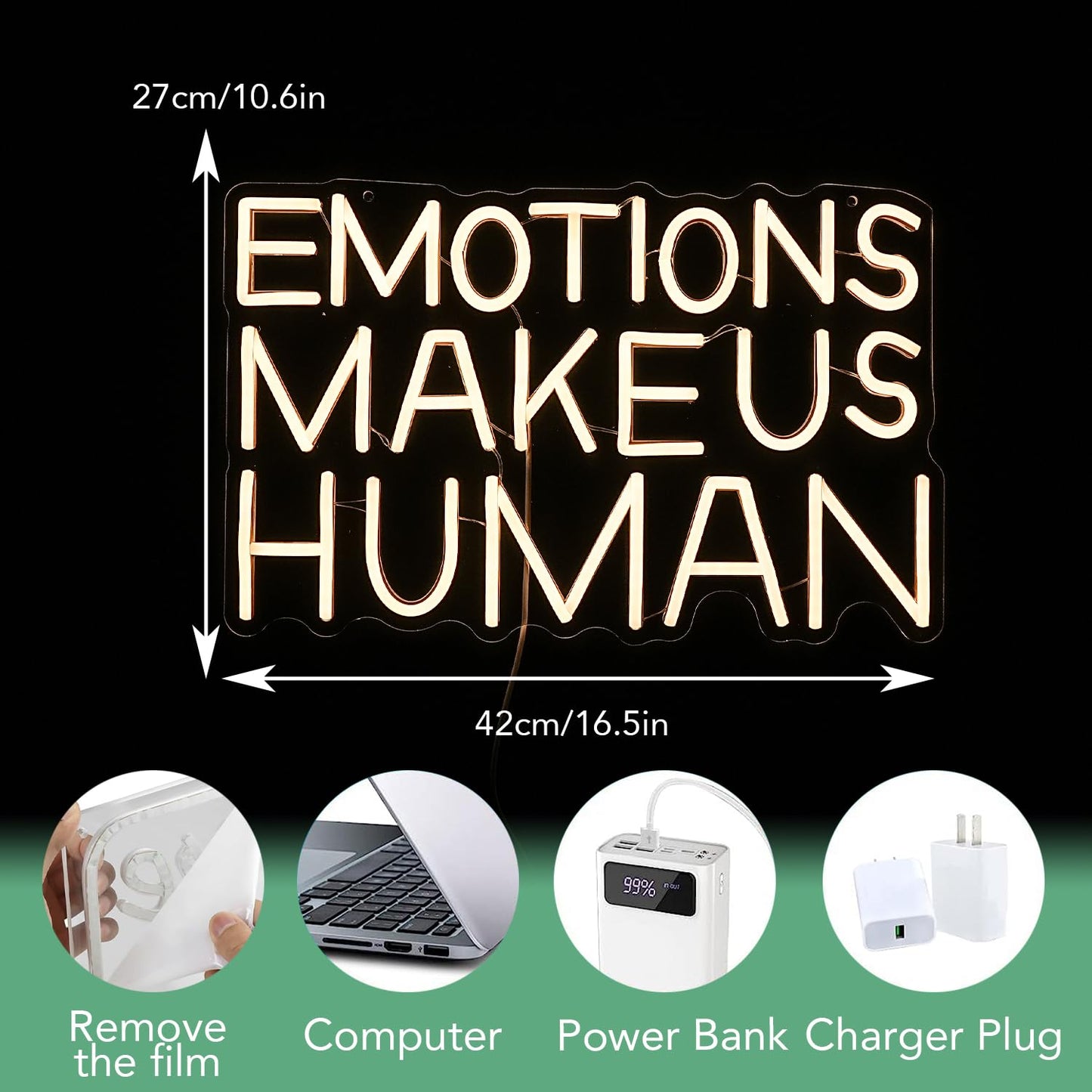 JLEWUINH Emotions Make Us Human Neon Sign Dimmable Switch Neon Signs for Wall Decor USB Warm White Led Light Up Signs for Home Museum Bar(16.5”*10.6”)