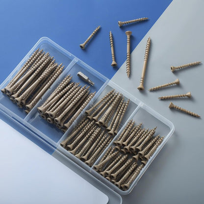 BNUOK Deck Screws Assortment Kit 96 PCS, Exterior Wood Screws Flat Head Torx Drive Rust Resistant Epoxy Coated Reverse Upper Thread Trim Screw, #8 1-5/8" 2" #10 2-1/2" 3", Tan