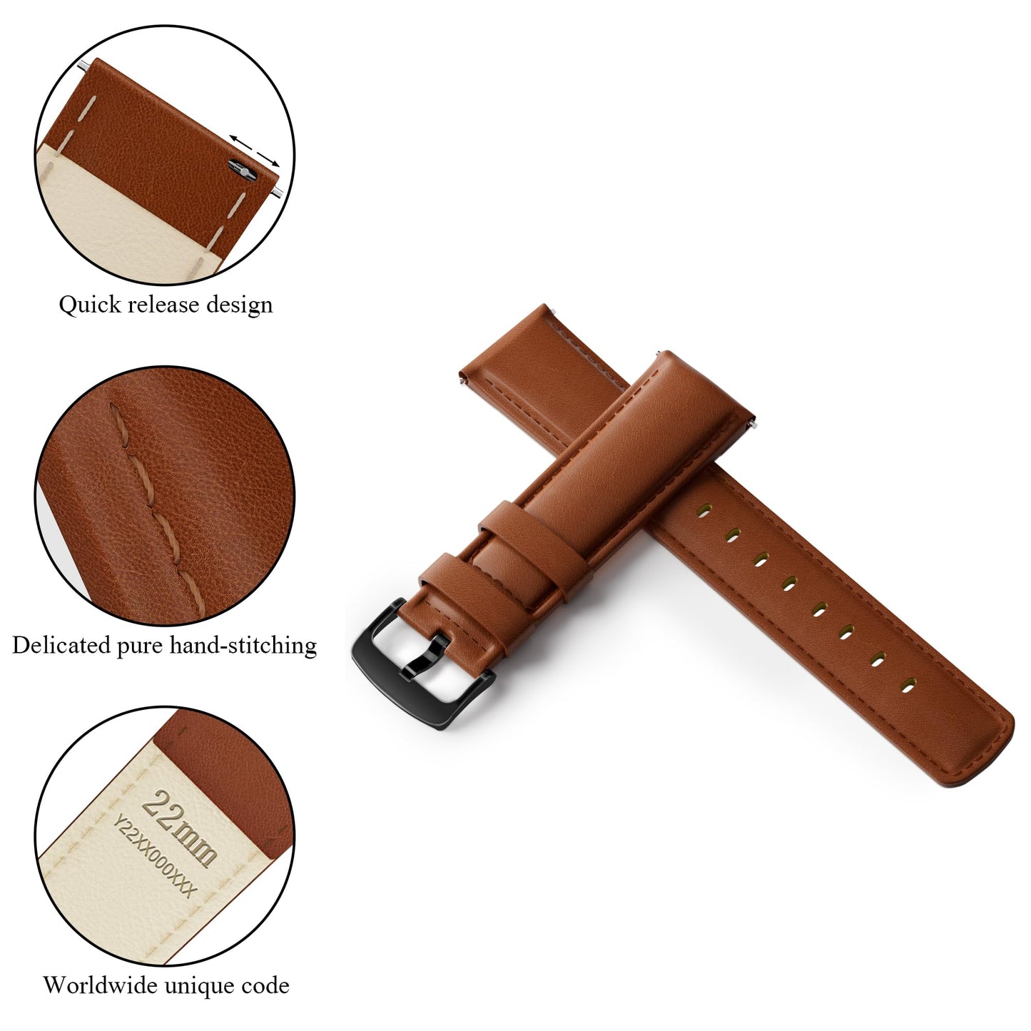 RBIPO 22mm Leather Watch Band Quick Release Strap for Men and Women, Compatible with Timex Fossil Samsung Seiko Citizen
