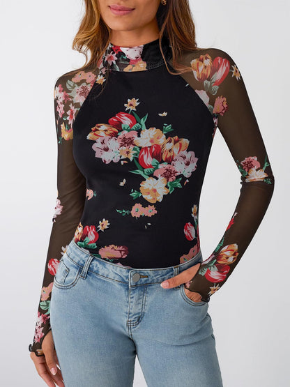 Dealmore Lace Sheer Long Sleeve Floral Mesh Mockneck Trendy Cute Going Out Tops for Women Fall Fashion Outfits 2025 Clothes