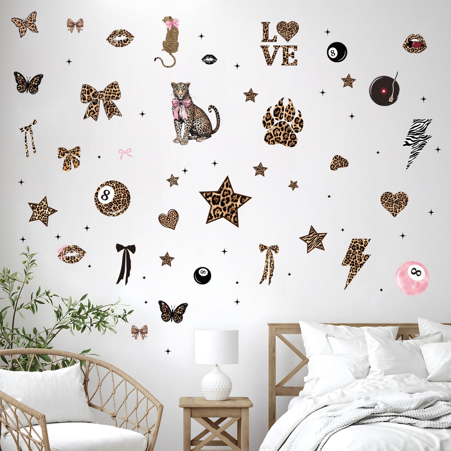 Wxiben Cheetah Print Wall Decals - 200 Pcs Leopard Print Walls Stickers Decor for Room Y2K Bow Star 8 Ball Peel and Stick Wall Decals for Home Bedroom Living Room Classroom Apartment Dorm