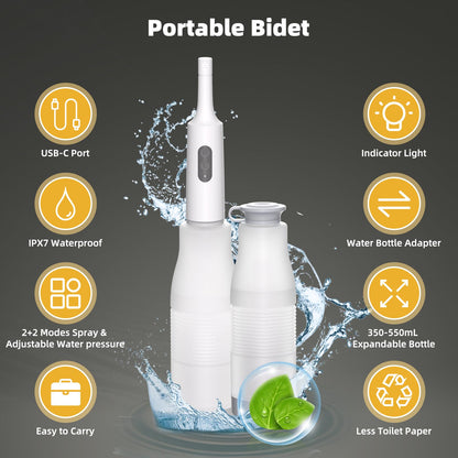 Hibbent Portable Bidet for Travel, High Pressure Electric Handheld Bidet Sprayer, 350-550ML Expandable Bottle for Personal Hygiene, USB-C Rechargeable Waterproof, Travel Sprayer for Women & Men, White