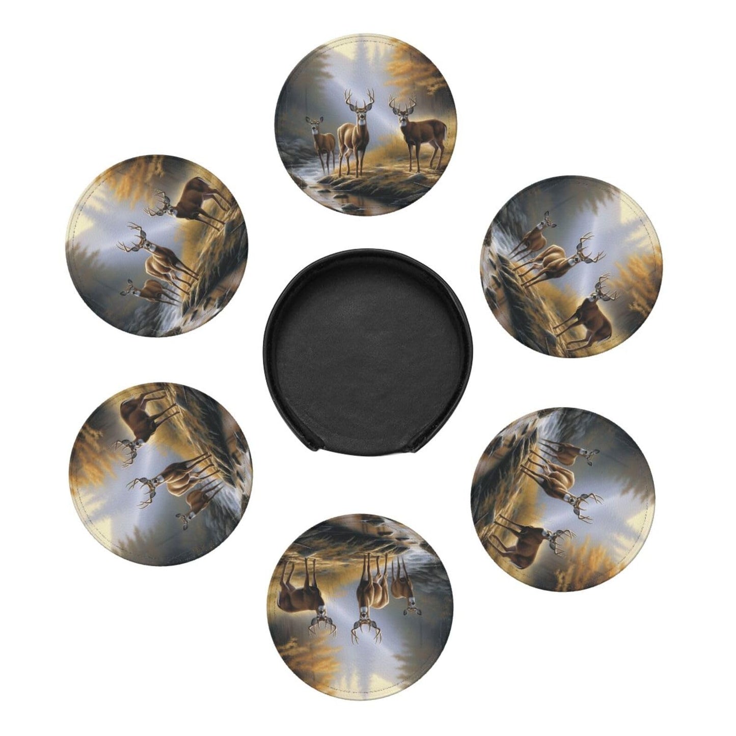 Animal World Wildlife River Edge Deers Drinks Coasters With Holder, Suitable For Kinds Of Cups, Set Of 6