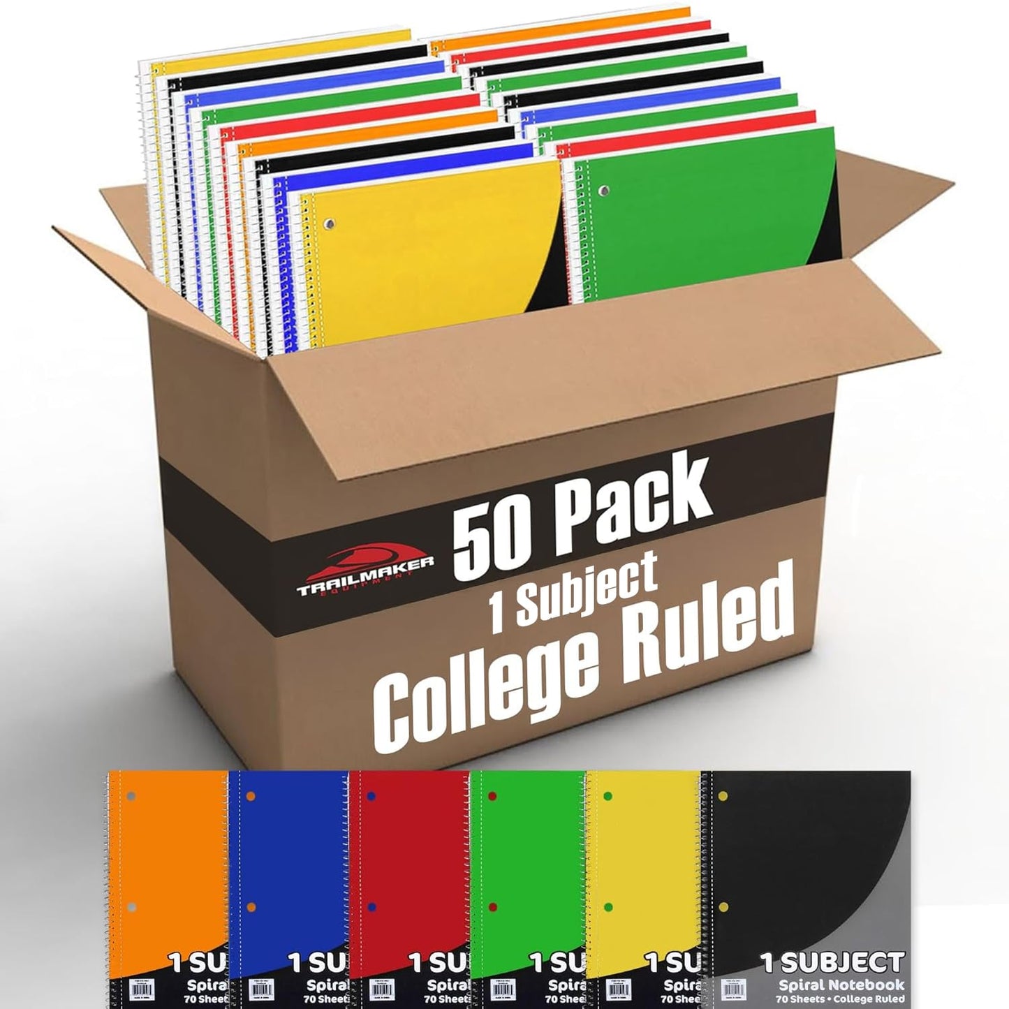 Trail maker Bulk Notebooks (50 Pack), One Subject Notebooks College Ruled, 140 Pages (70 Sheets),Spiral Bulk Notebooks for Kids, School Supplies, Journaling, Note Taking, Students, and Work