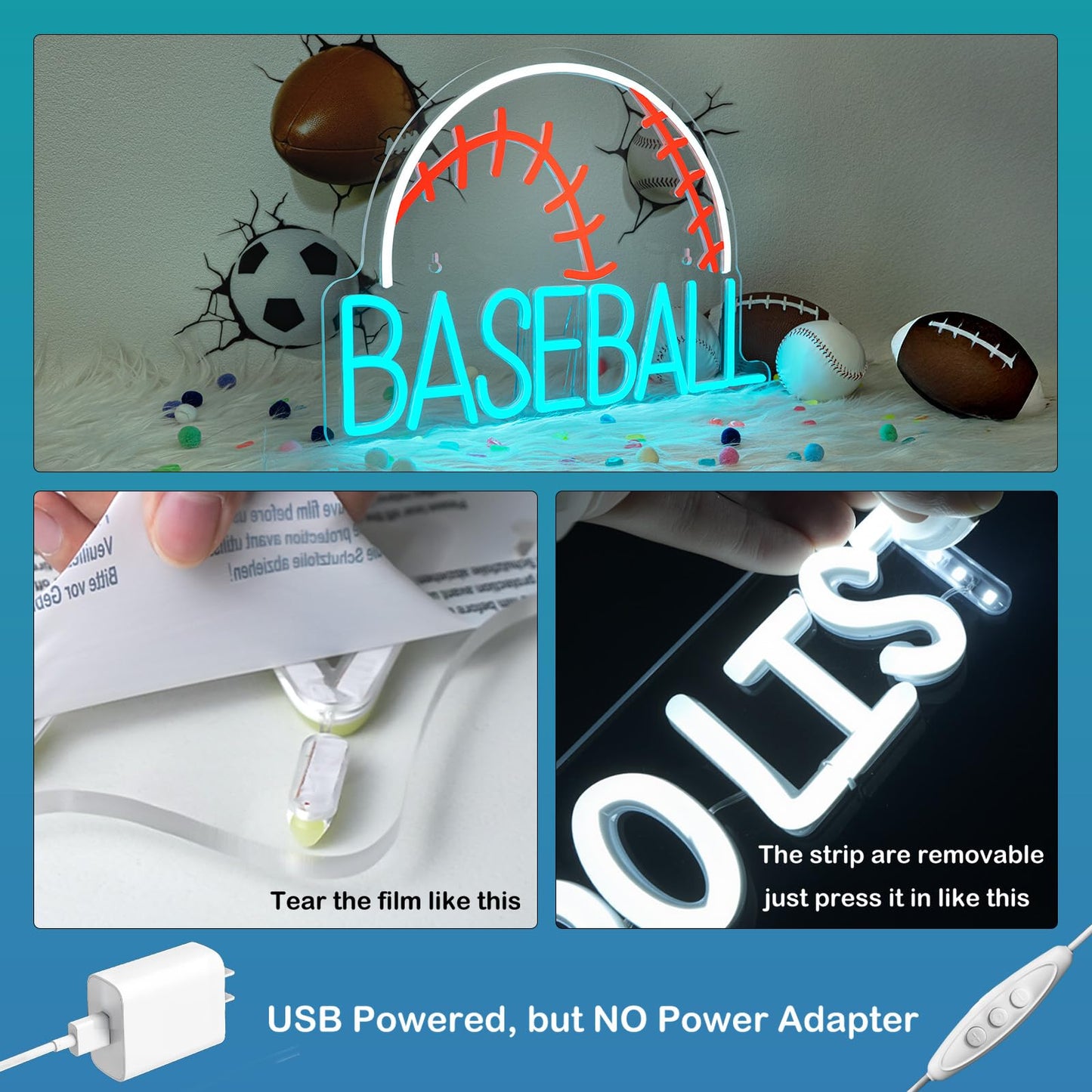 Baseball Neon Sign LED Sports Light USB Powered Used Blue Sign Up Gym Room Baseball Light for Wall Art Decor Neon Gifts for Teens in Christmas Party