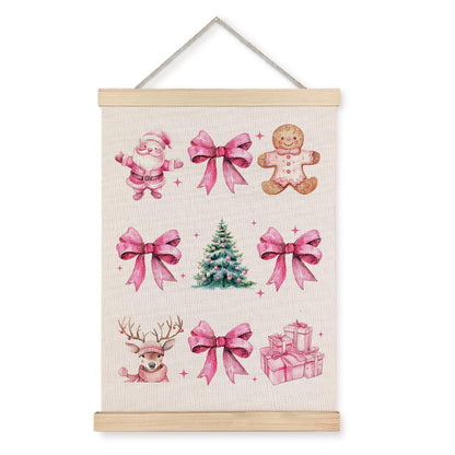 Coquette Pink Christmas Bow Gingerbread Wall Art, 12x16 Inch, With Wooden Poster Hanger for Home Office