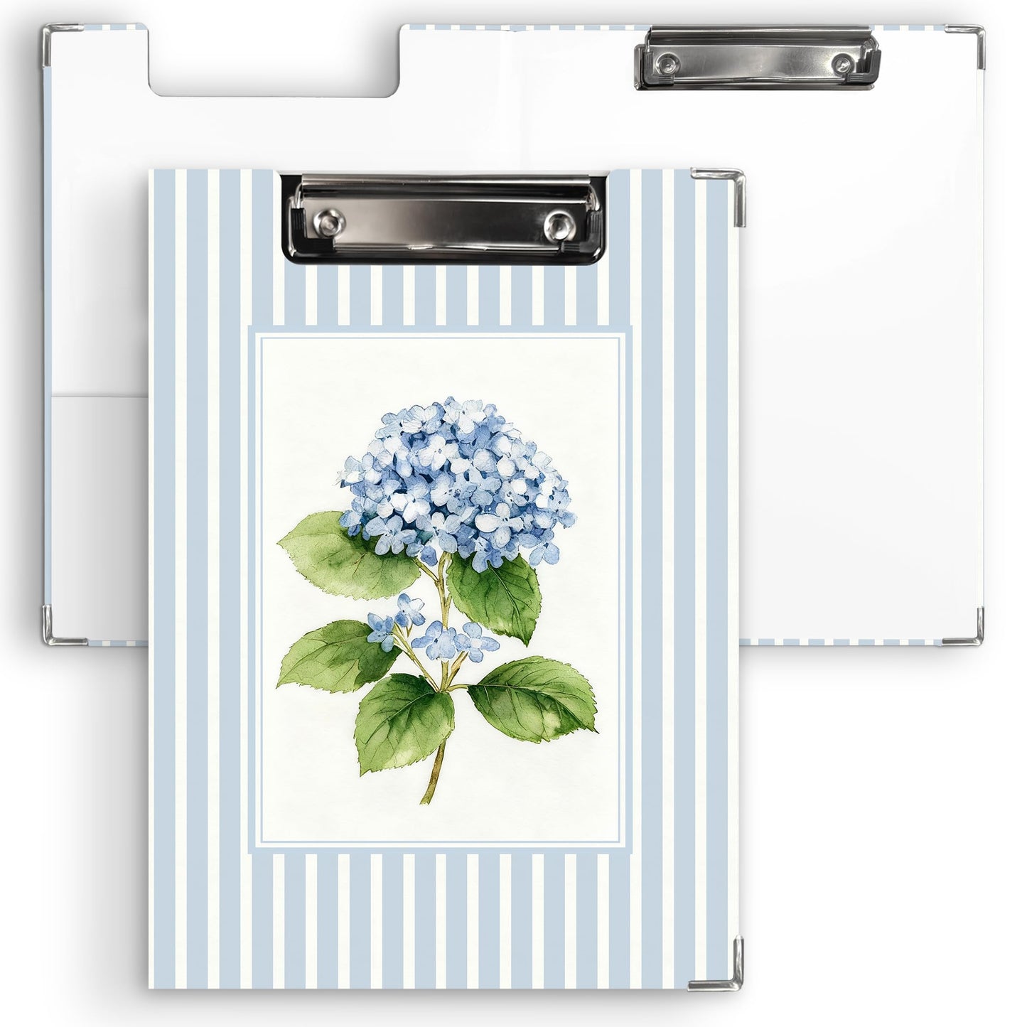 KU-DaYi Blue Hydrangea Floral Clipboard Padfolio with Storage Pocket, Blue Striped Hydrangea Flower Botanical Low Profile Clip Boards for Girls Nurse Office Classroom, 12.4 x 9.25 in