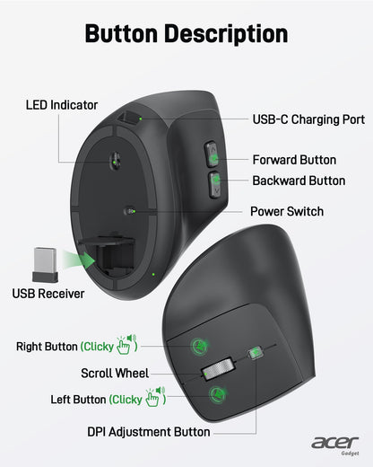 acer Wireless Mouse, 1200 DPI Computer Mouse for Laptop with 2.4GHz USB A Receiver, 5 Buttons Compatible for Windows, macOS, Android (Black)