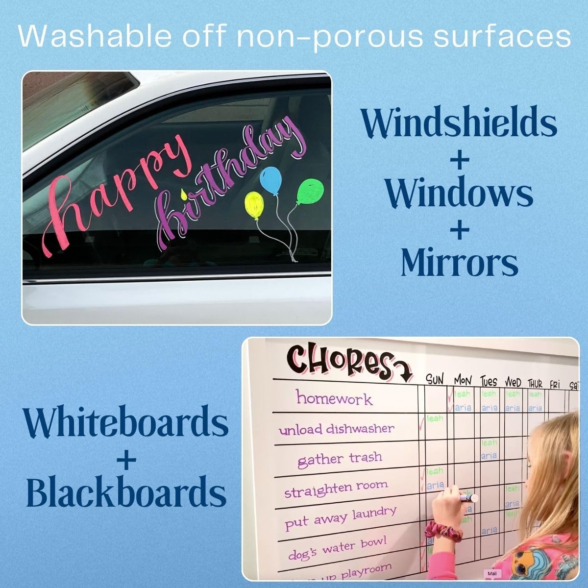 MoodClue Liquid chalk markers 12 neon erasable Whiteboards, glass boards, chalkboards, windows, mirrors, car windshields, auto, glass. Odorless, non-toxic. Wet or dry erase. Thick and thin tip