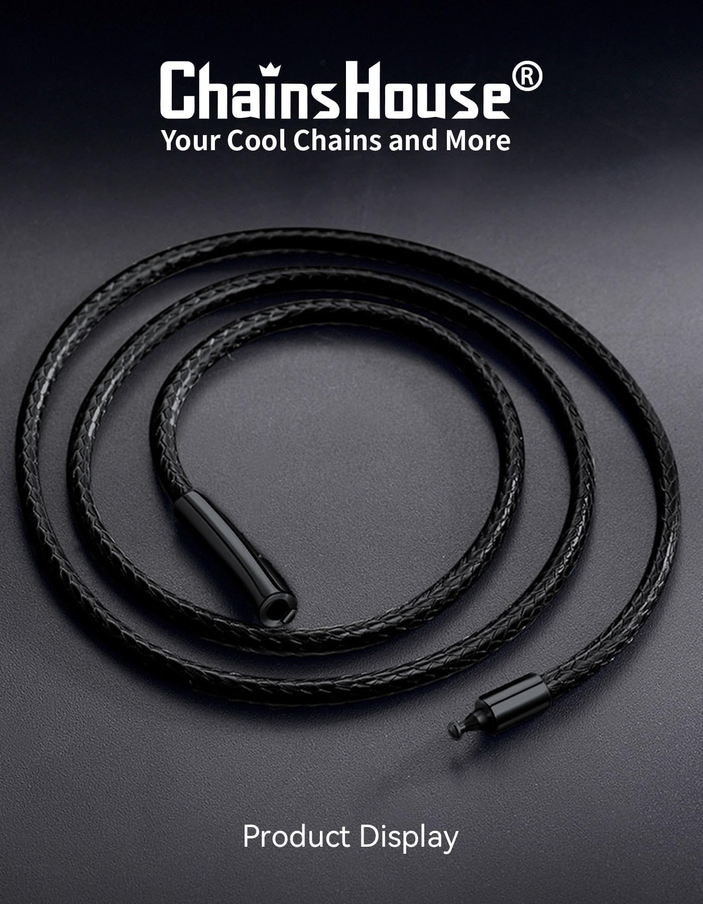 Durable Leather Cord Necklace for Man, Black 3mm Wax Rope String Neck Chains Jewelry for Women with Black Clasp 20"