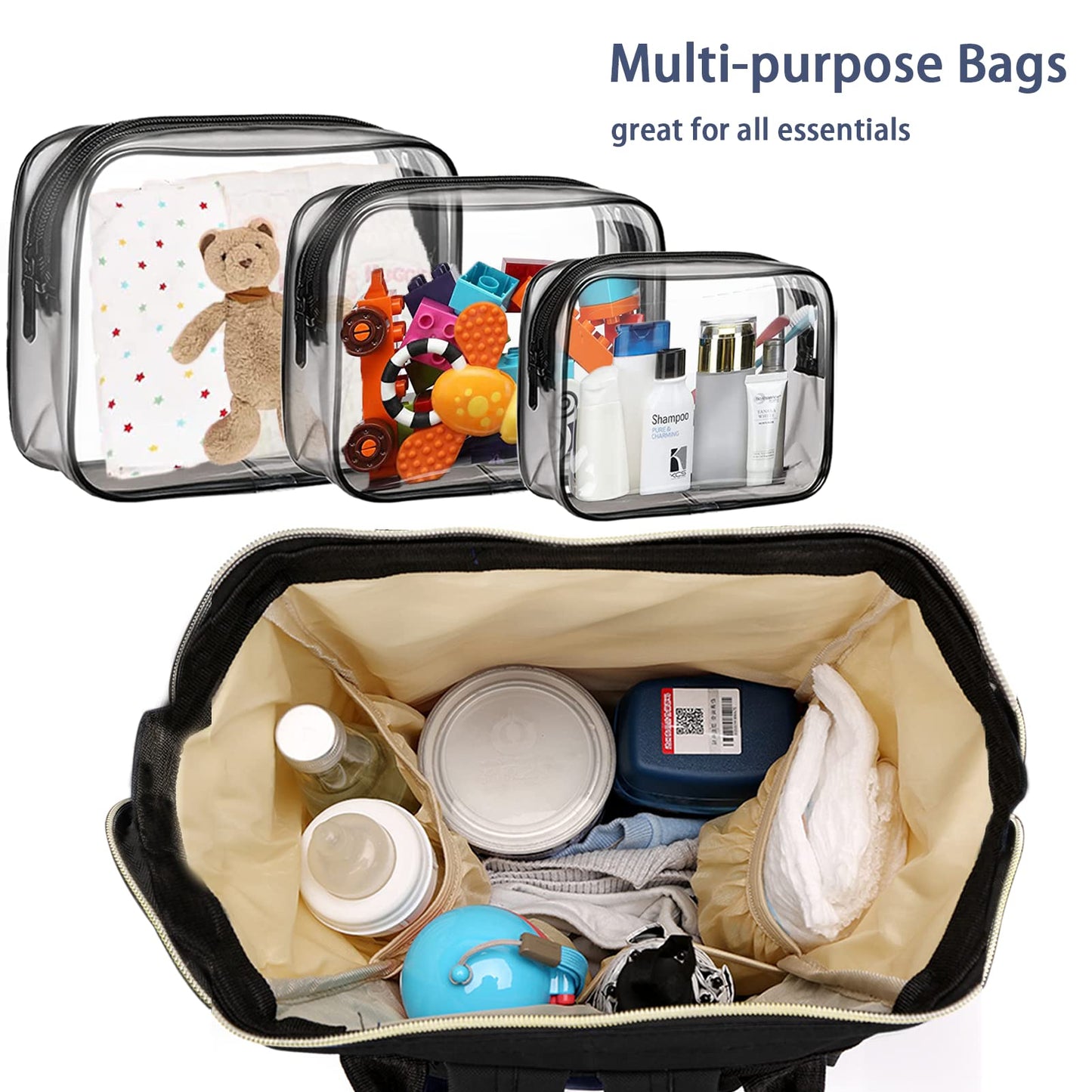 Timberer Diaper Bag with Organizing Pouches, Nappy Bags Handbag Multifunction Diaper Bag for Baby Care Travel Backpack Large Capacity Black