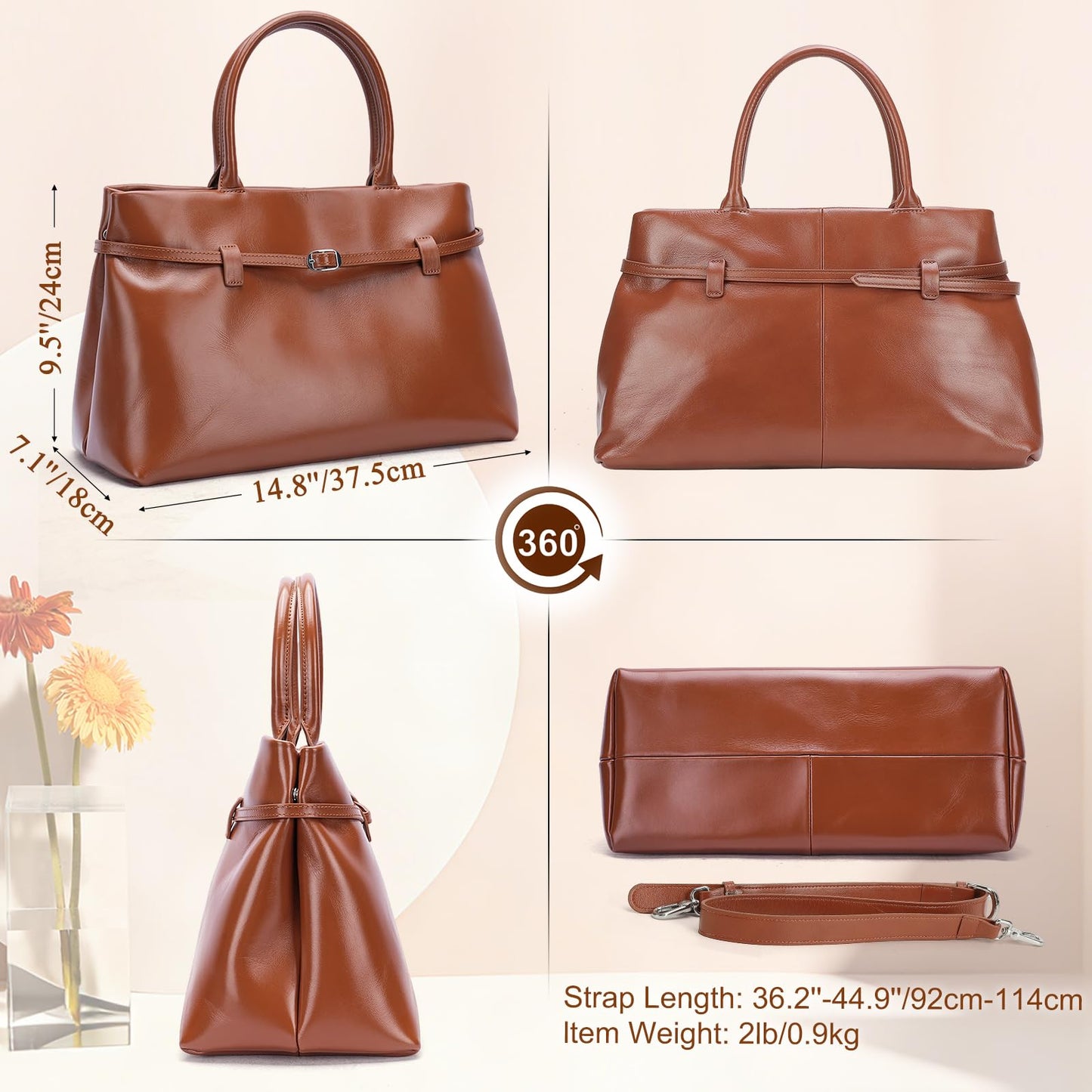 Masa Kawa Genuine Leather Tote Bag for Women with Long Strap, Waterproof Expandable Top-Handle Handbag, Shoulder Crossbody Bag for Daily Work, Caramel Brown