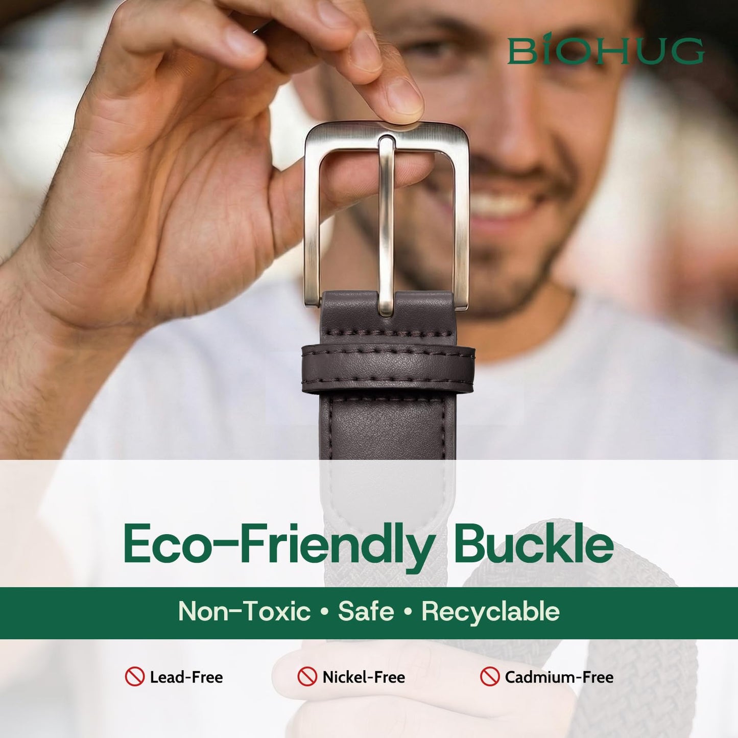 BIOHUG Men's Elastic Braided Belt Eco-Friendly Recycled Fabric Stretch Woven Belt for Jeans Pants,Golf Casual Wear 1.34" Width Dark Brown
