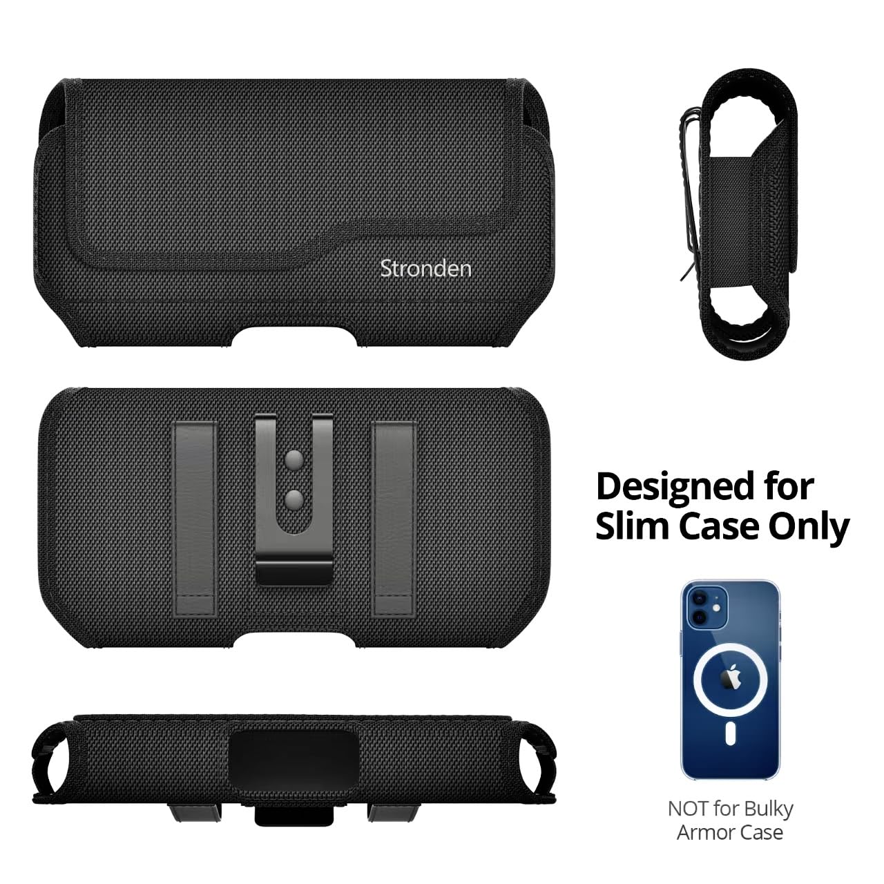 Stronden Magnetic Closure Holster for iPhone 17 Pro, 17e, 17, 16 Pro, 16, 16e, 15, 15 Pro, 14, 14 Pro, 13, 13 Pro, 12, 12 Pro - Military Grade Nylon Pouch with Metal Belt Clip & Loop (Fits Slim Case)