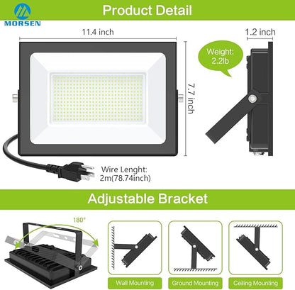 MORSEN LED Flood Light Outdoor 200W 30000 Lumens Work Light with Plug 6500K Outside Portable Exteriores Security Floodlights for Yard Garage Garden Lawn IP66 Waterproof Flood Light 2 Pack
