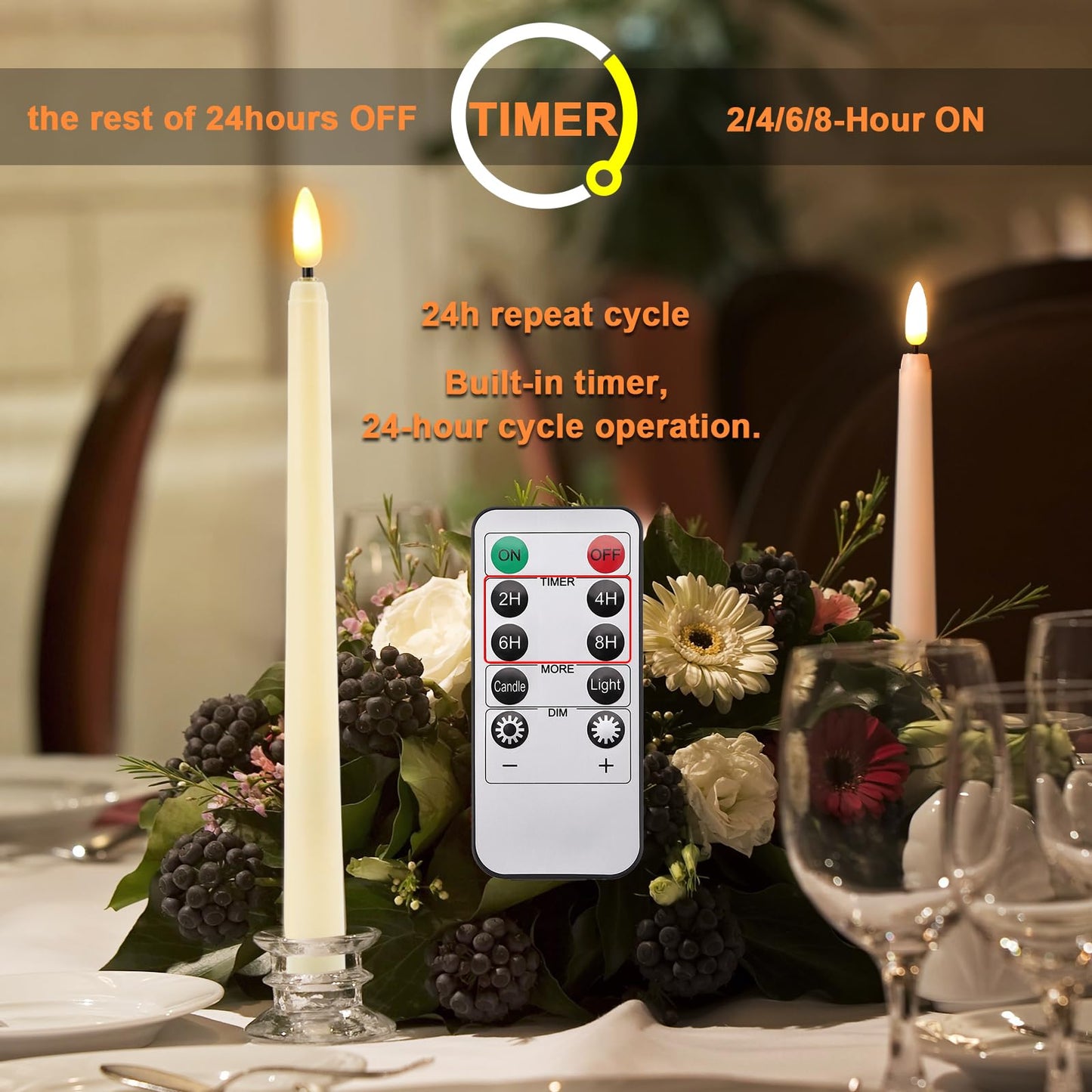 IMAGE Flameless Taper Candles with Remote, 12 Pcs LED Candlesticks 3D Wick Ivory Taper with Timer Flickering Function for Home, Wedding, Birthday Halloween Christmas (Battery Powered)