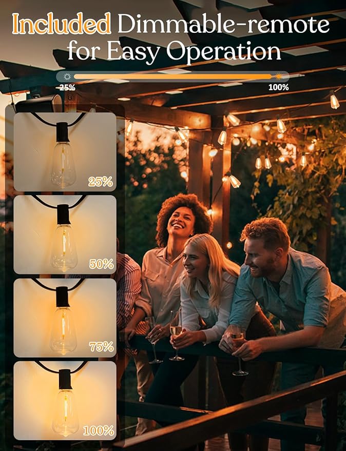 GHUSTAR 50ft Solar Outdoor String Lights with Remote - USB Rechargeable Solar Powered Outdoor Patio Lights, Larger 1.5W Solar Panel, Timer, Dimmable Shatterproof ST38 Bulbs for Backyard, Garden, Pool
