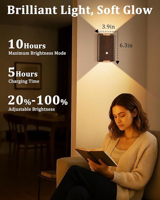 Motion Sensor Wall Lights Wood - Decor Light Battery Operated LED Light Indoor Set of 2 Rechargeable Light Easy Installation, Gifts for Tenant New Home Apartment RV(Wood 2pcs)