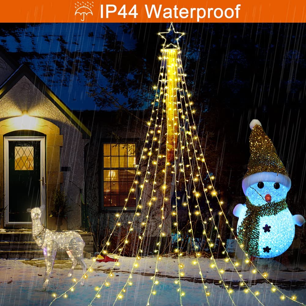 MINIAO Christmas Star String Lights, 320 LED Waterfall Tree Lights with 13" Topper Star 8 Lighting Modes Indoor Outdoor Halloween Decorations for Holiday, Wedding, Party (Warn White)
