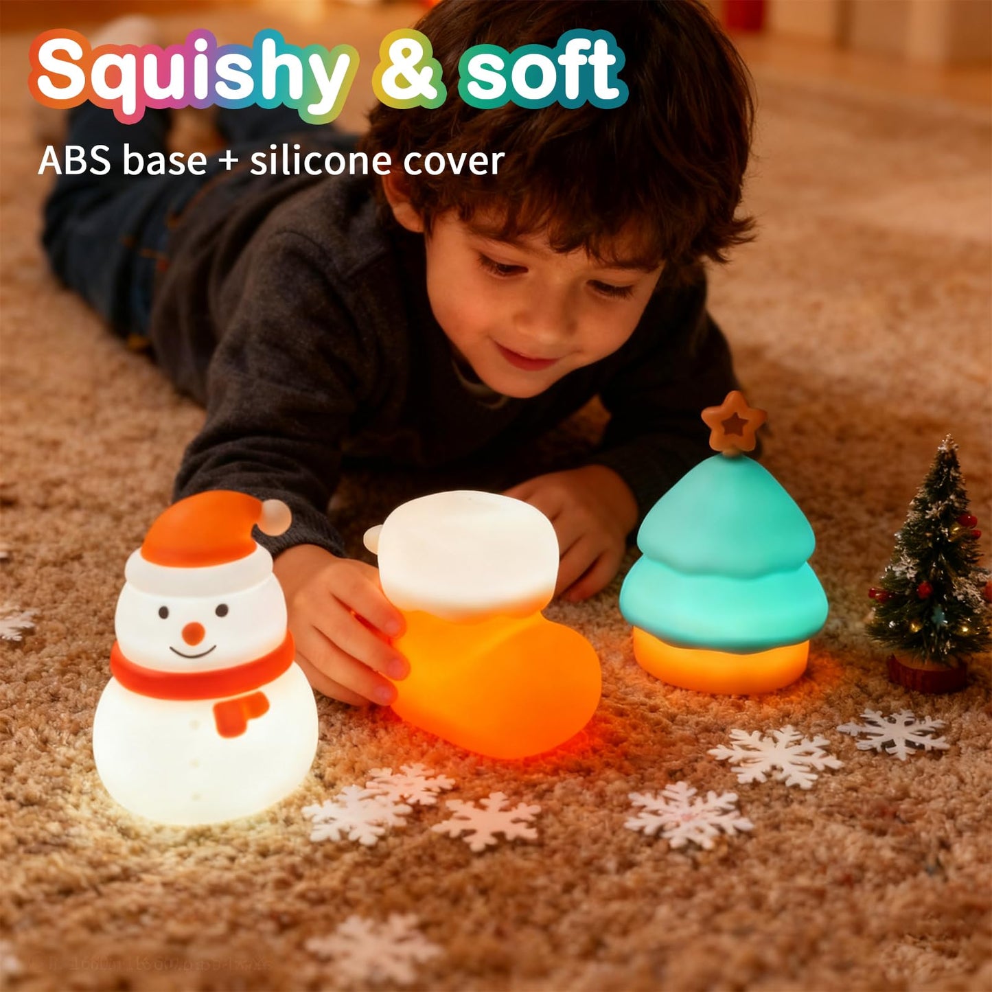 INHXSZU Night Light for Kids,Silicone Snowman Nightlight,Rechargeable Portable Bedside Touch Boot Lamp,Dimmable RGB Christmas Tree Lights for Breastfeeding,Room Decor,Baby Nursery,Gifts for Kids