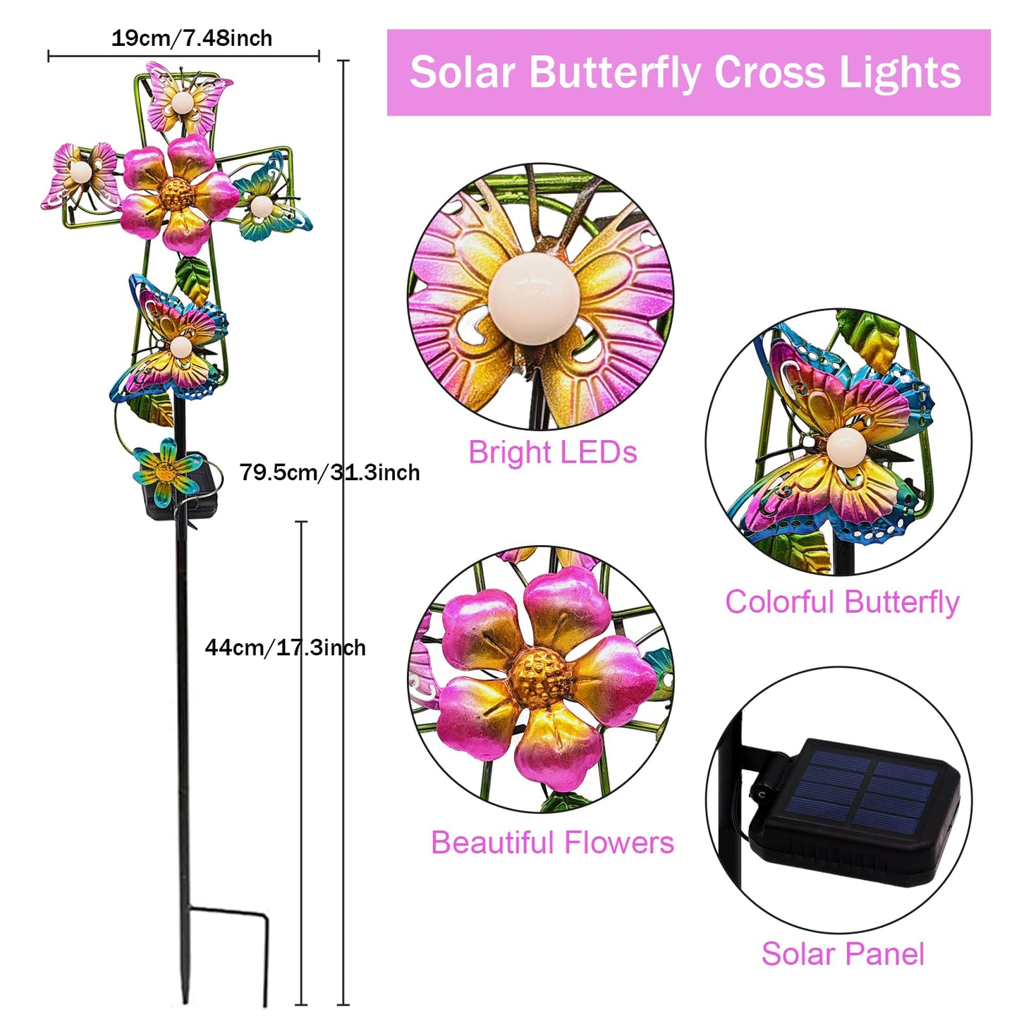 Solar Cross Garden Lights, 2 Pack Solar Butterfly Stake Lights Cemetery Decorations for Grave, Jesus Cross Sympathy Memorial Gifts for Mother Grandma, Metal Garden Art for Yard Lawn Patio Decor