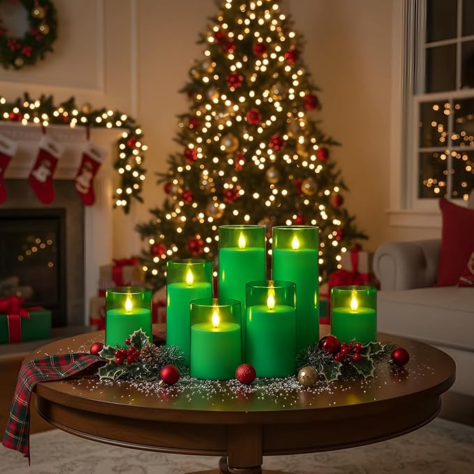 Homemory Green Flickering Flameless Candles, Battery Operated Acrylic LED Pillar Candles with Remote Control and Timer, Set of 5, St. Patrick's Day