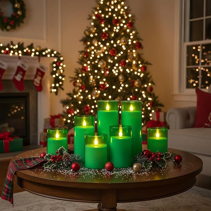 Homemory Green Flickering Flameless Candles, Battery Operated Acrylic LED Pillar Candles with Remote Control and Timer, Set of 5, St. Patrick's Day