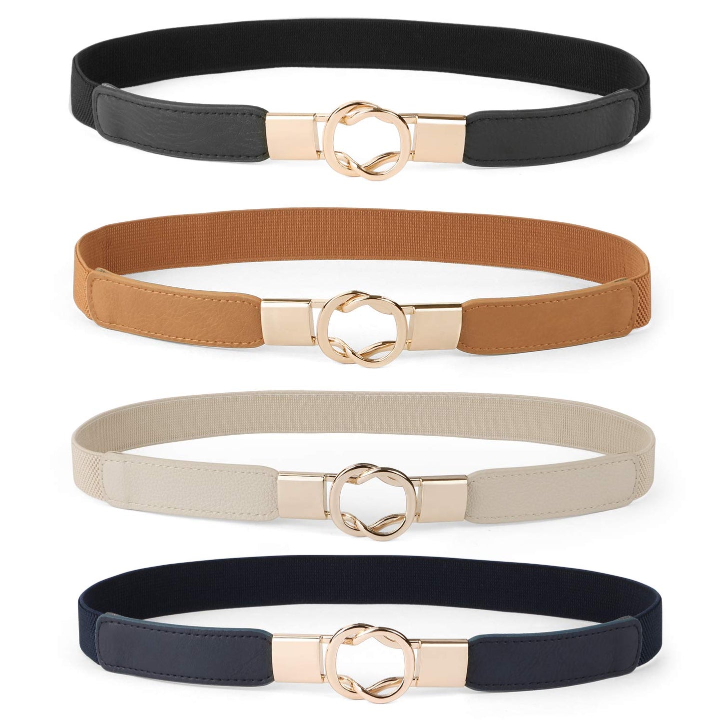 WERFORU Women Skinny Belt for Dresses Retro Stretch Waist Belt with Gold Buckle Set of 4,Black+Brown+Blue+Beige