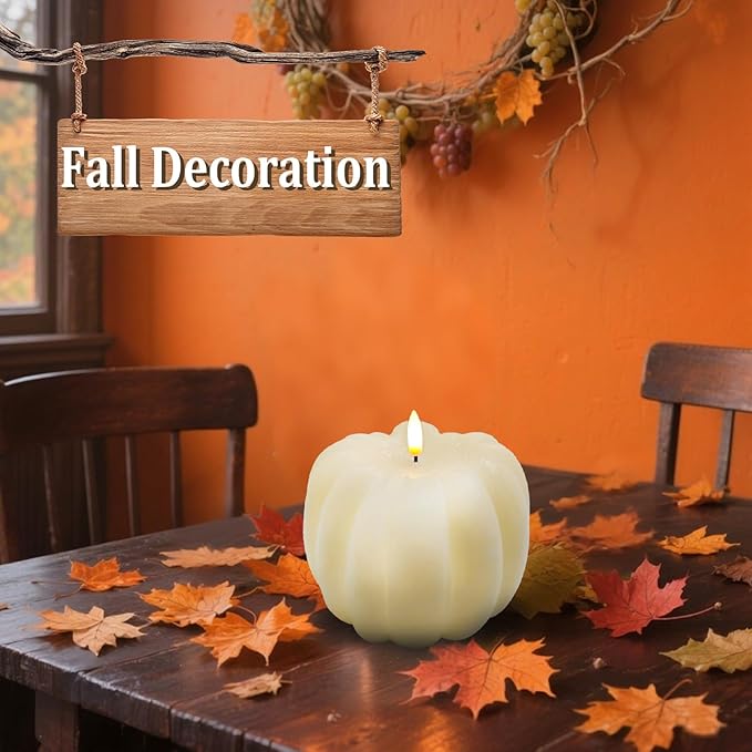 Fall Decor, Fall Decorations for Home - Flameless Pumpkin Candle with Timer Remote - Room Bedroom Table Farmhouse Decor for Halloween, Thanksgiving, White