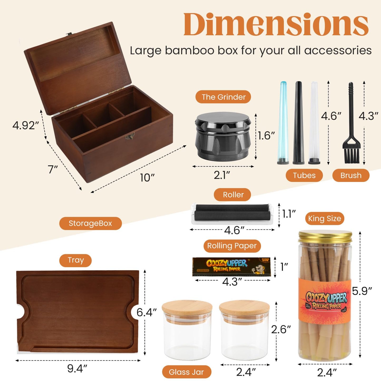Coozyupper Large Bamboo Storage Box with Removable Tray Kit - Decorative Box Set, Glass Jars, and Accessories Wooden Storage Kit and Accessories Tool.Birthday Gifts