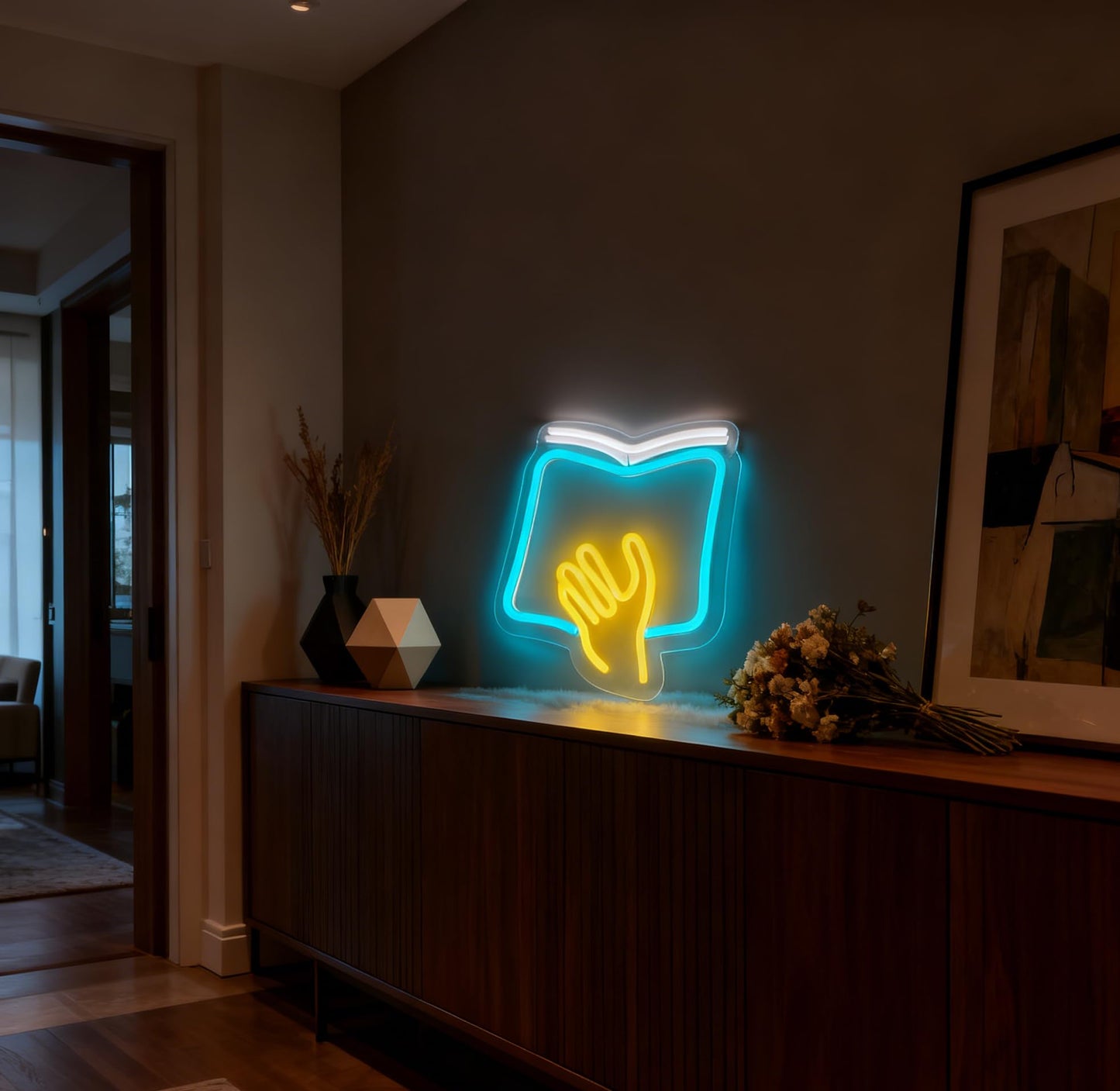 Reading Theme LED Neon Sign, Book with Hand Shape Neon Light, Library Study Room Home Bedroom Wall Table Decor, USB Powered Dimmable Decorative Light 9.8 x 8.5 In